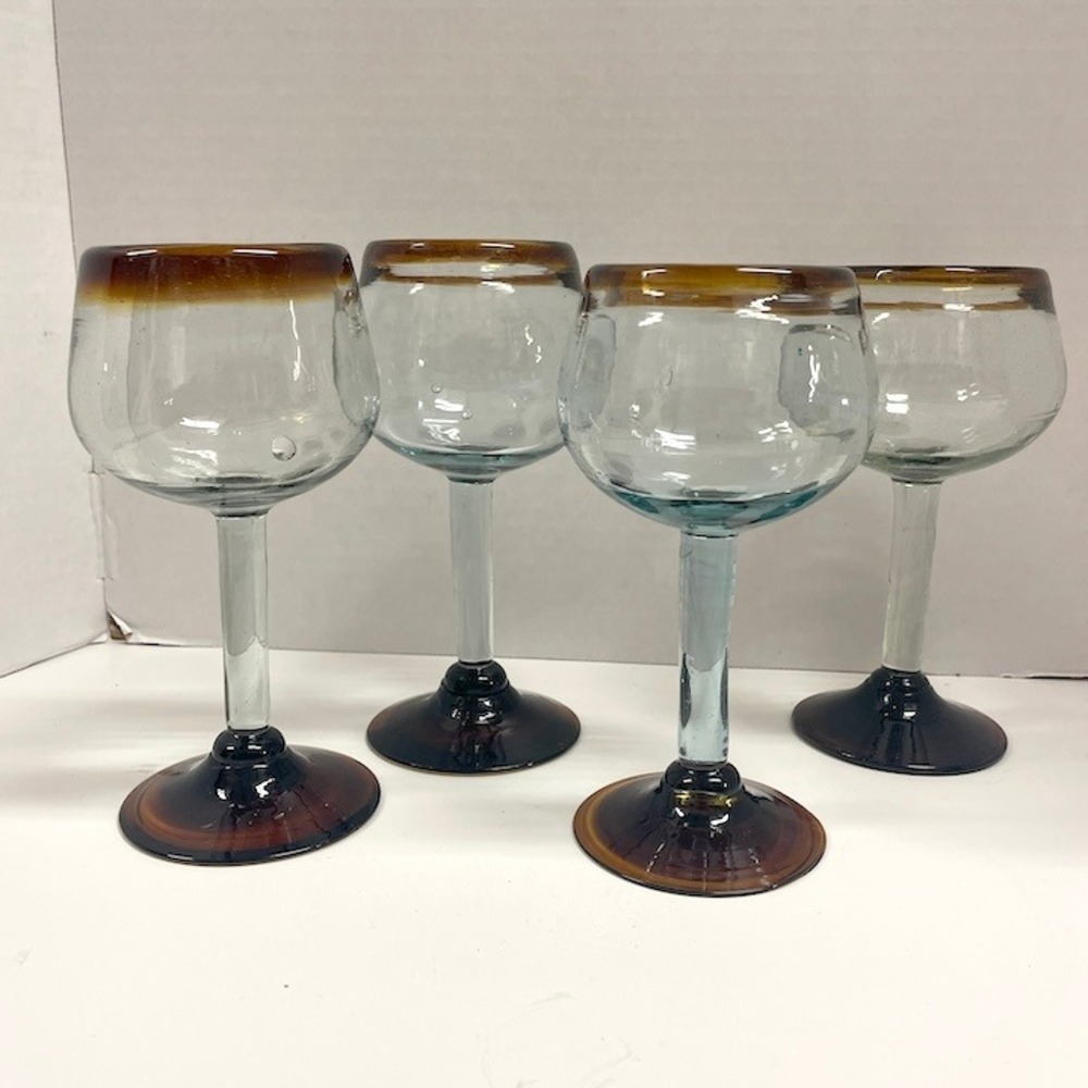 Set of 4 Hand Blown Mexican Wine Glasses‎ Amber Rim and Base Stemmed Goblets Vtg